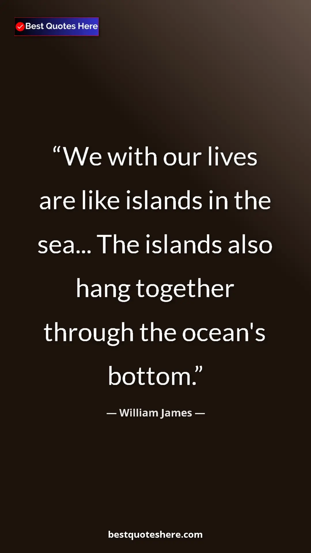 William James Quote Card: "We with our lives are like islands in the sea... The islands" Pinterest quote poster by William James: "We with our lives are like islands in the sea... The islands"
