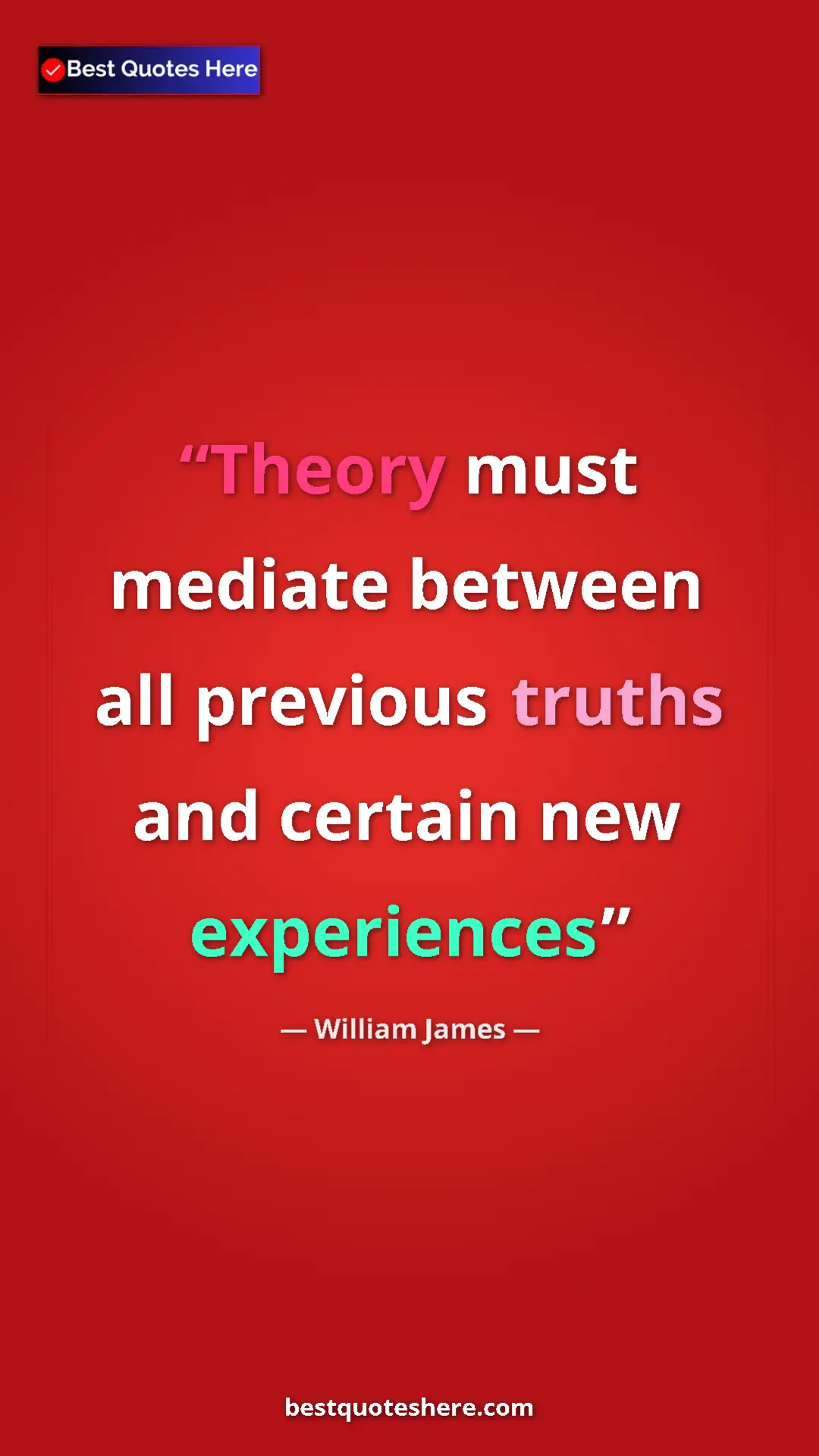 Pinterest quote poster by William James: "Theory must mediate between all previous truths and certain..."