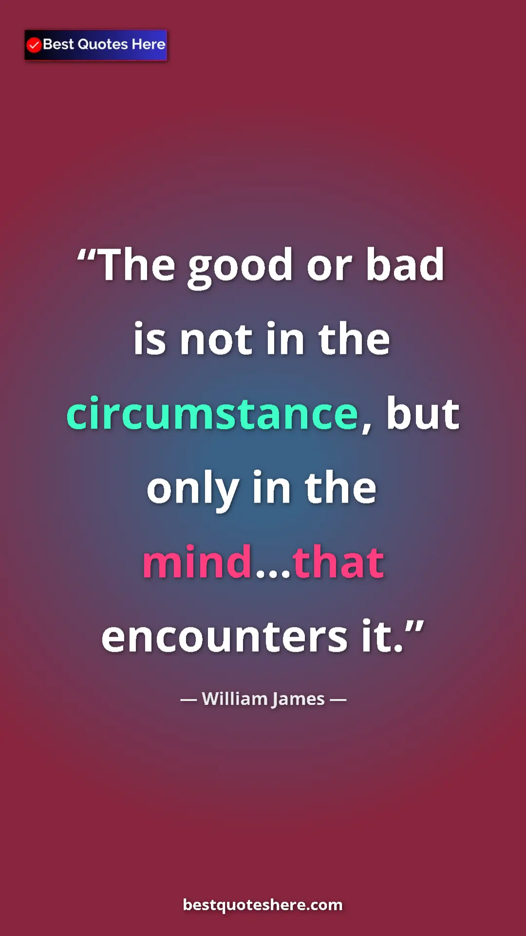 Pinterest quote poster by William James: "The good or bad is not in the circumstance, but only in the..."