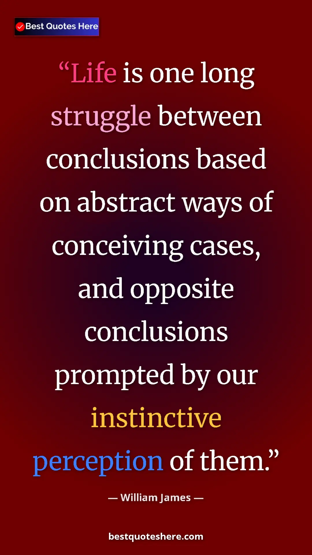 Pinterest quote poster by William James: "Life is one long struggle between conclusions based on..."
