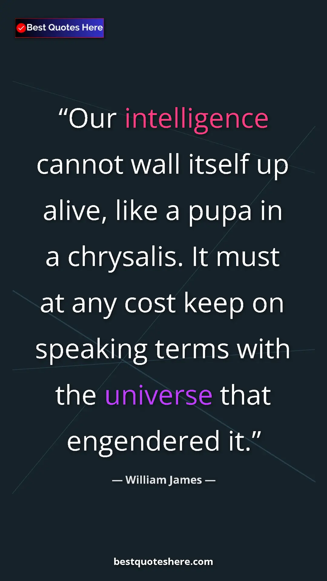 William James Quote Card: "Our intelligence cannot wall itself up alive, like a pupa in" Pinterest quote poster by William James: "Our intelligence cannot wall itself up alive, like a pupa in"