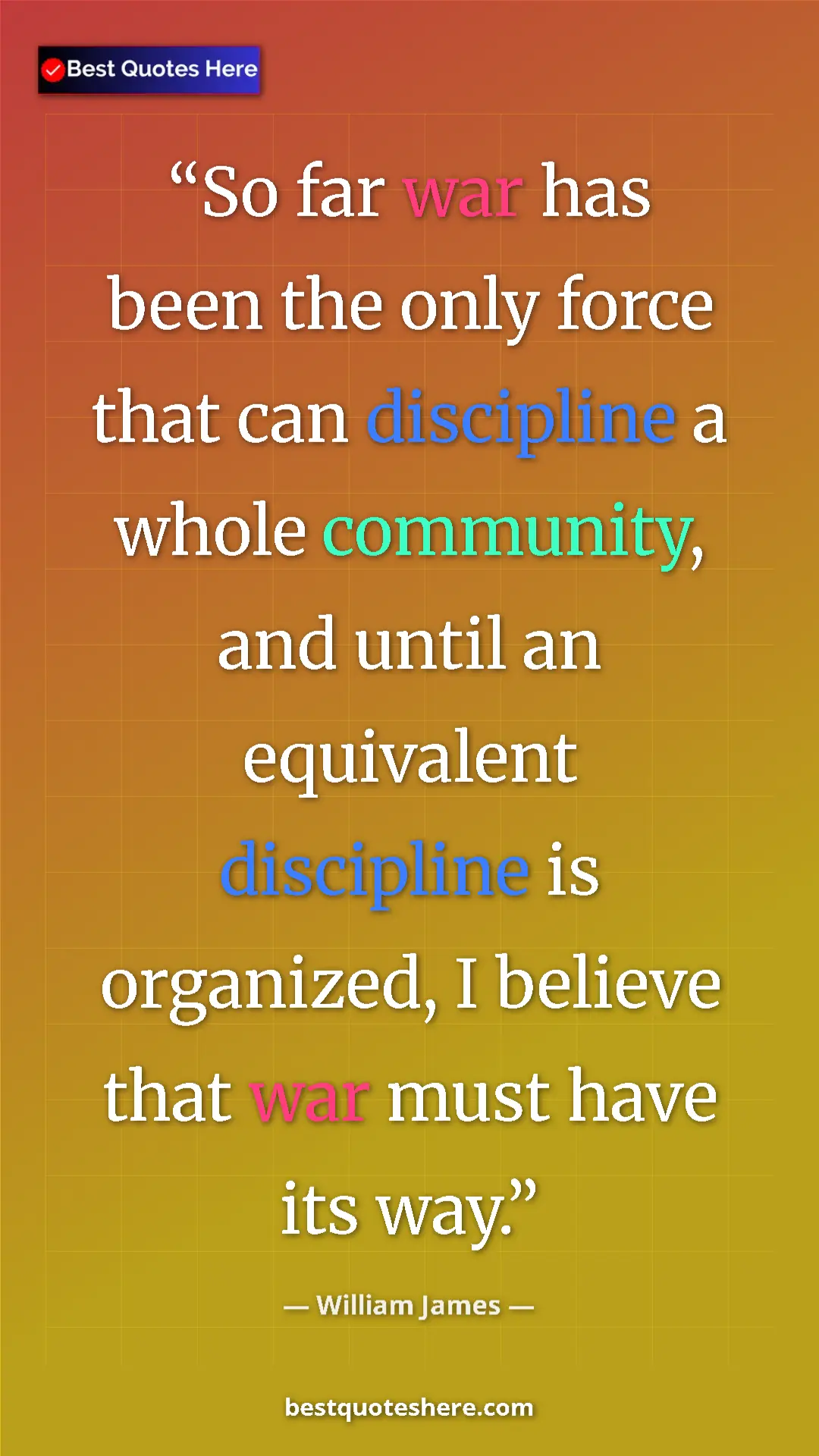 Pinterest quote poster by William James: "So far war has been the only force that can discipline a..."