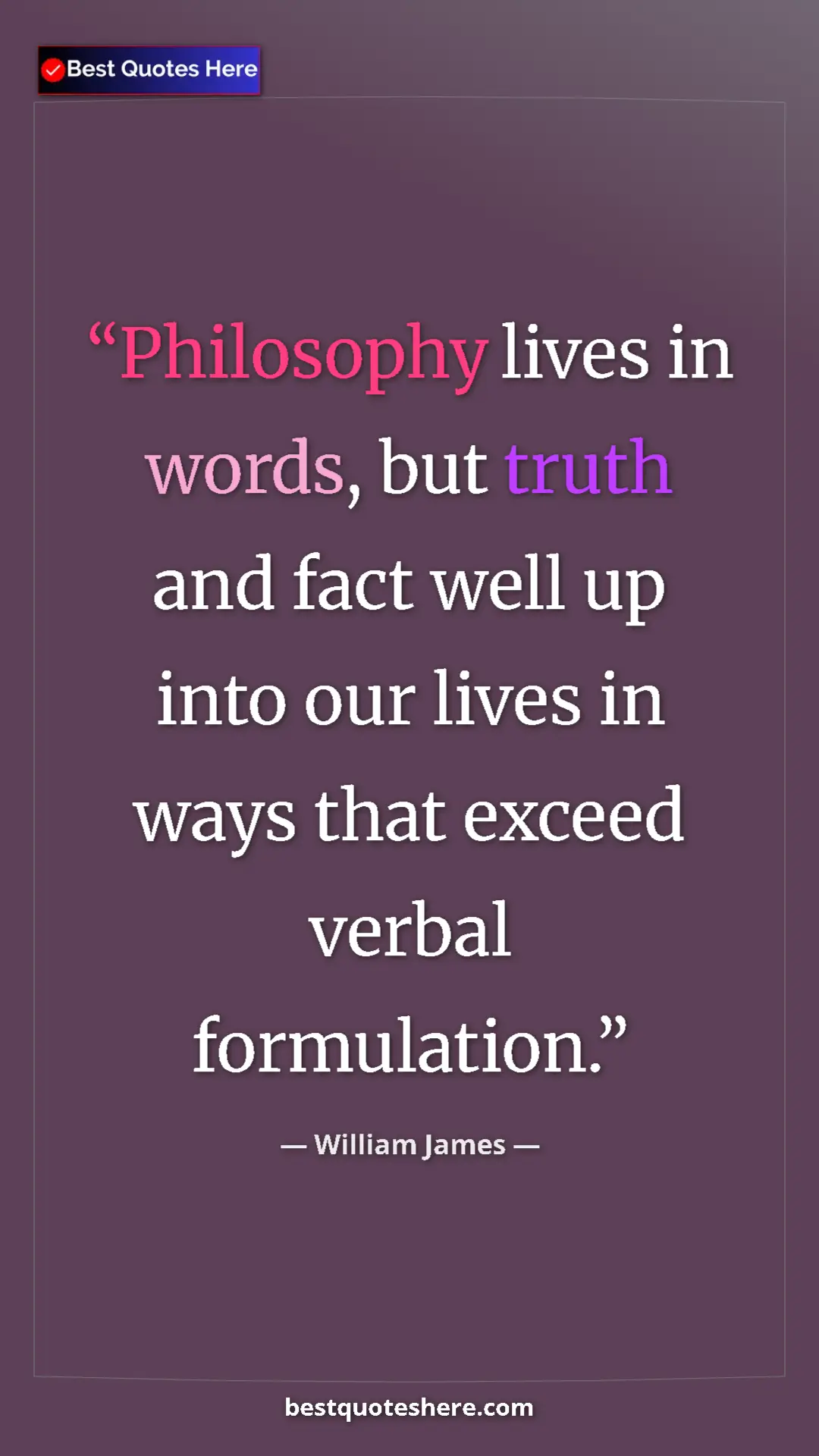 Pinterest quote poster by William James: "Philosophy lives in words, but truth and fact well up into..."
