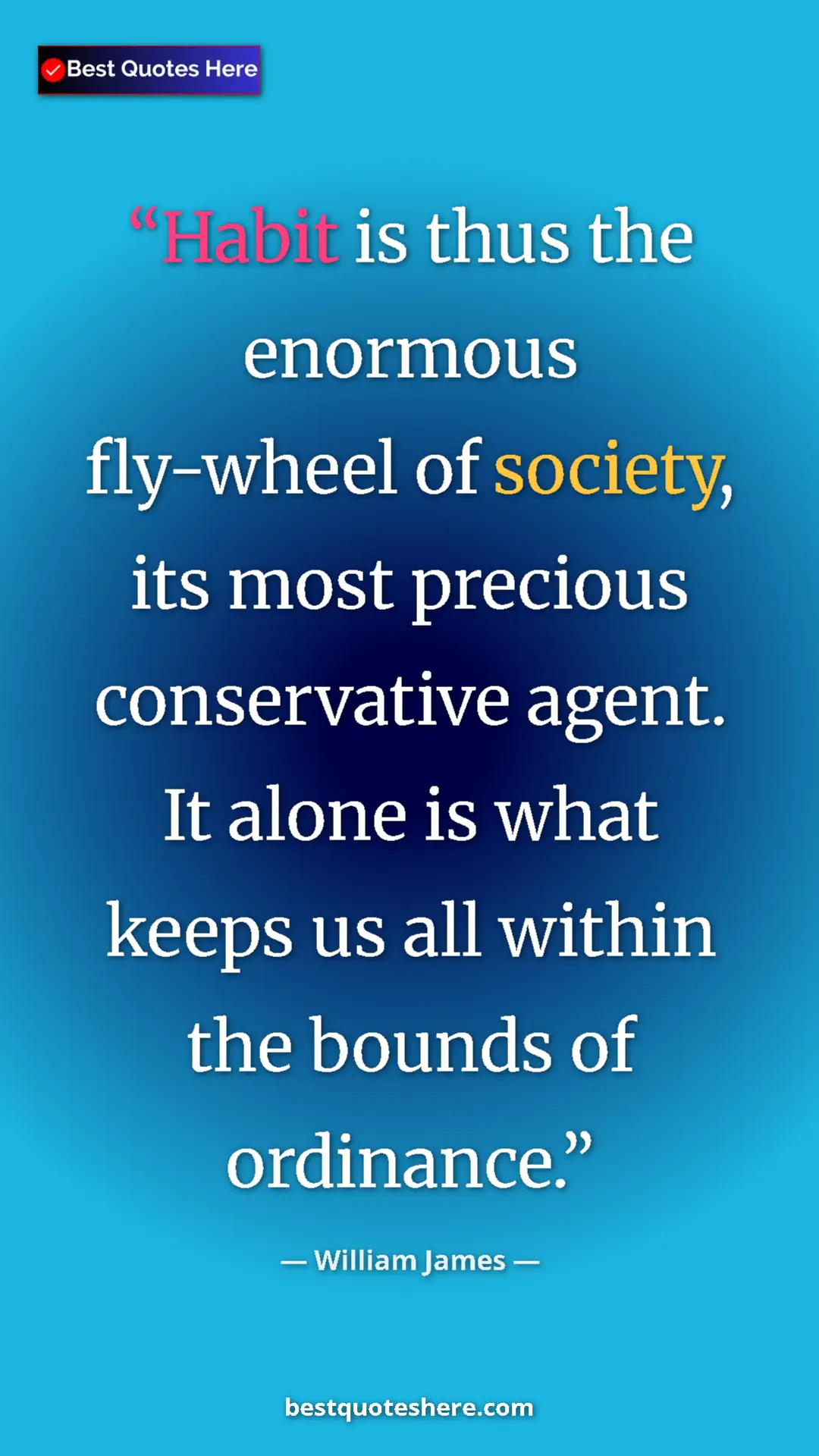 William James Quote Card: "Habit is thus the enormous fly-wheel of society, its most pr" Pinterest quote poster by William James: "Habit is thus the enormous fly-wheel of society, its most pr"