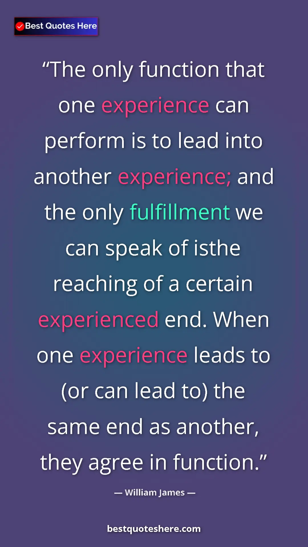 William James Quote Card: "The only function that one experience can perform is to..." Pinterest quote poster by William James: "The only function that one experience can perform is to..."