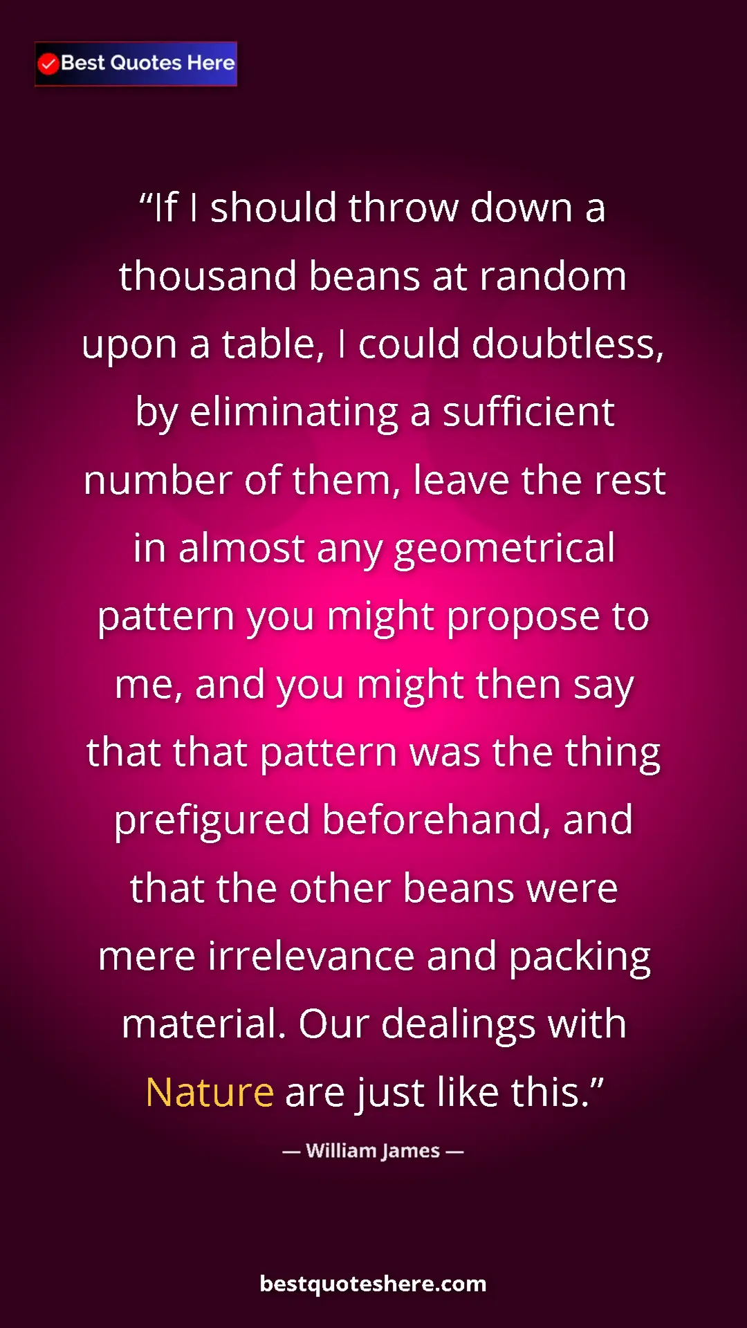 William James Quote Card: "If I should throw down a thousand beans at random upon a..." Pinterest quote poster by William James: "If I should throw down a thousand beans at random upon a..."
