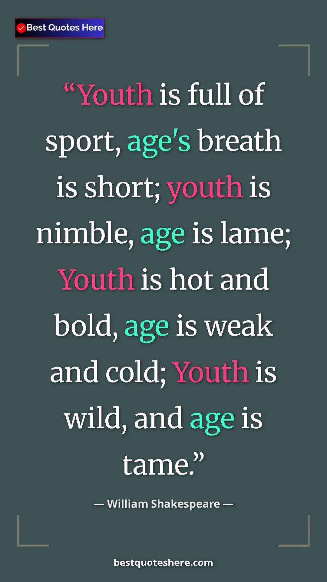 Pinterest quote poster by William Shakespeare: "Youth is full of sport, age's breath is short; youth is..."
