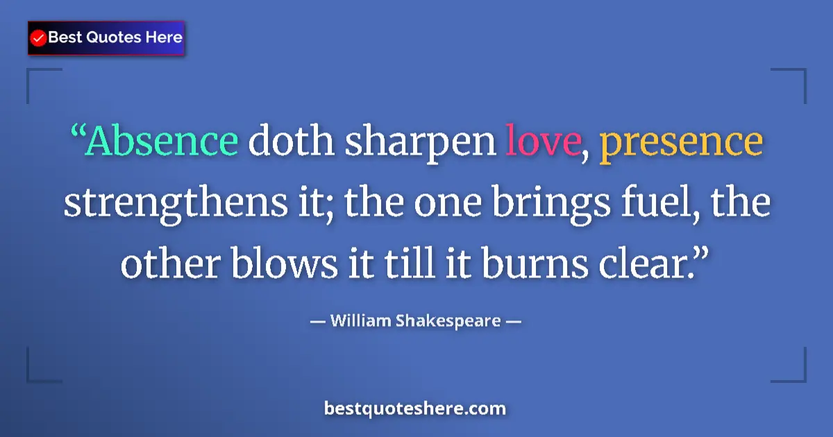 Image for the quote by William Shakespeare: Absence doth sharpen love, presence strengthens it; the one brings fuel, the other blows it till it ...