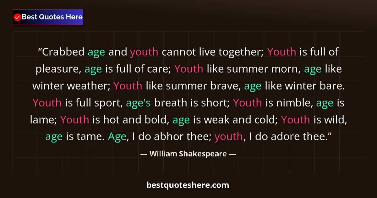 Quote by William Shakespeare: Crabbed age and youth cannot live together; Youth is full of pleasure, age is full of care; Youth li...