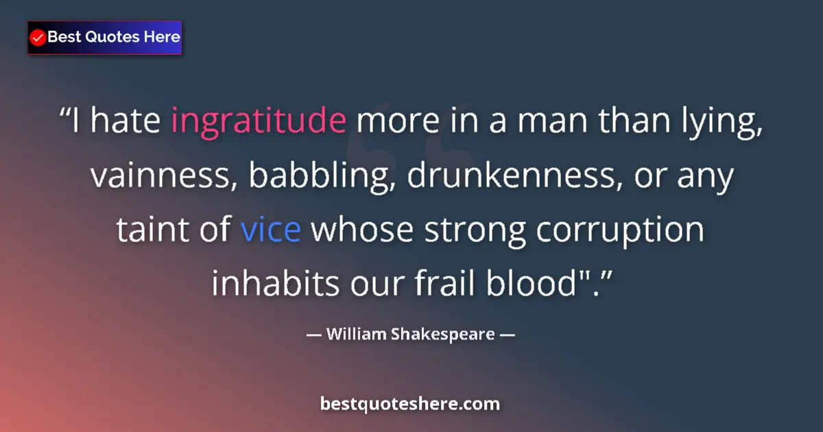 Quote by William Shakespeare: I hate ingratitude more in a man than lying, vainness, babbling, drunkenness, or any taint of vice w...