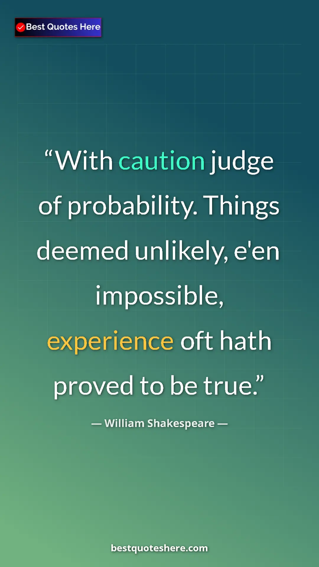 Pinterest quote poster by William Shakespeare: "With caution judge of probability. Things deemed unlikely,..."