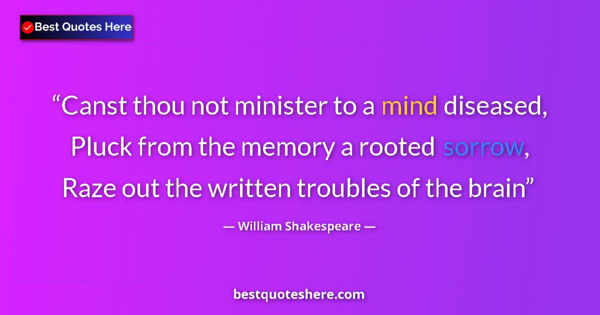 Quote by William Shakespeare: Canst thou not minister to a mind diseased, Pluck from the memory a rooted sorrow, Raze out the writ...