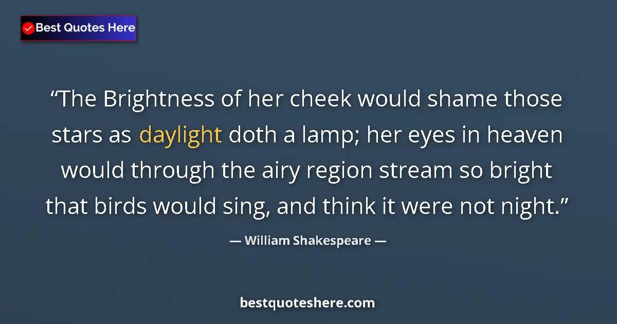 Quote by William Shakespeare: The Brightness of her cheek would shame those stars as daylight doth a lamp; her eyes in heaven woul...