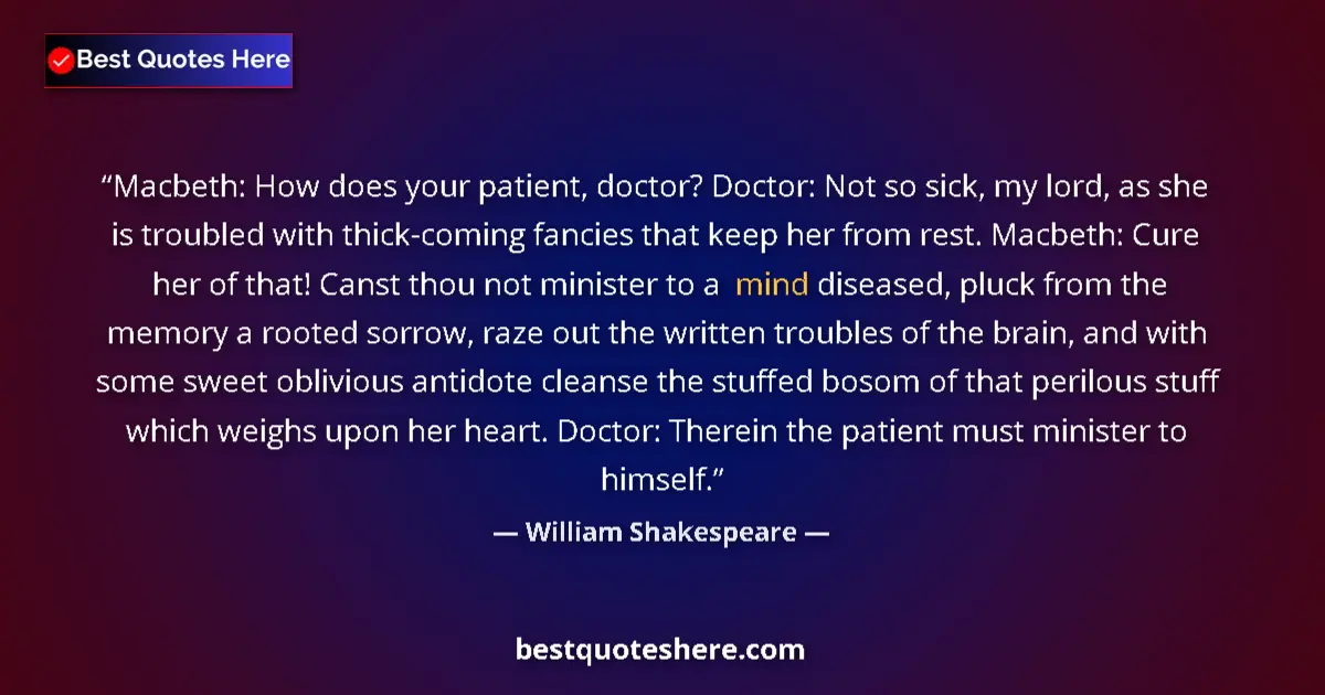 Quote by William Shakespeare: Macbeth: How does your patient, doctor? Doctor: Not so sick, my lord, as she is troubled with thick-...