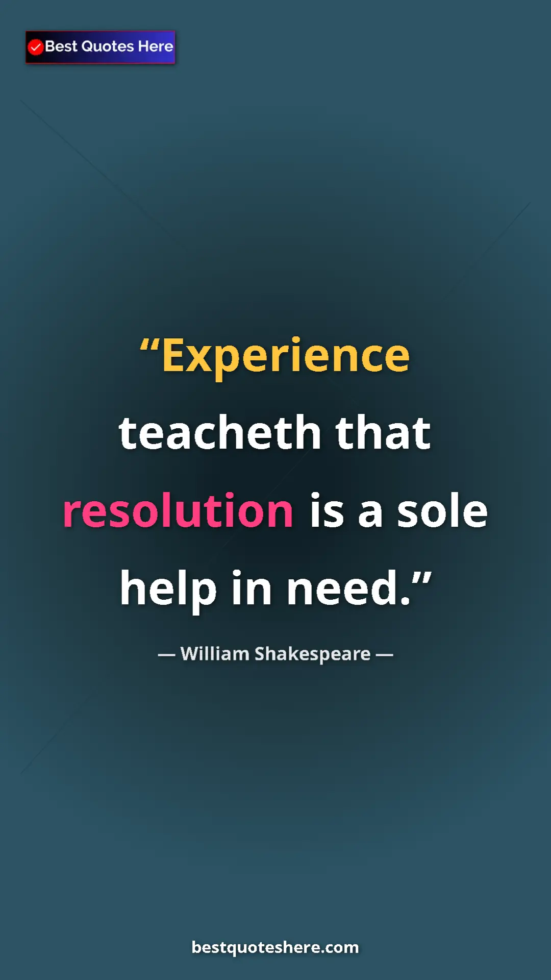 Pinterest quote poster by William Shakespeare: "Experience teacheth that resolution is a sole help in need."