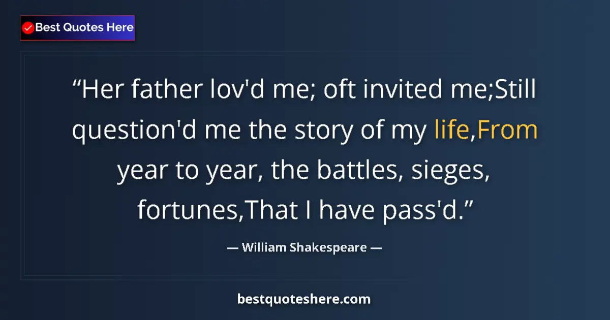 Image for the quote by William Shakespeare: Her father lov'd me; oft invited me;Still question'd me the story of my life,From year to year, the ...