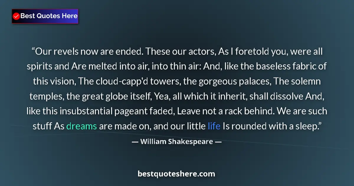 Quote by William Shakespeare: Our revels now are ended. These our actors, As I foretold you, were all spirits and Are melted into ...
