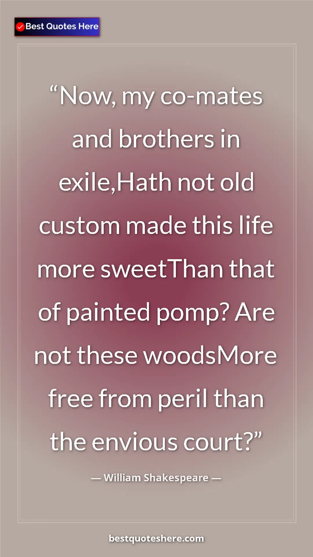 Pinterest quote poster by William Shakespeare: "Now, my co-mates and brothers in exile,Hath not old custom..."