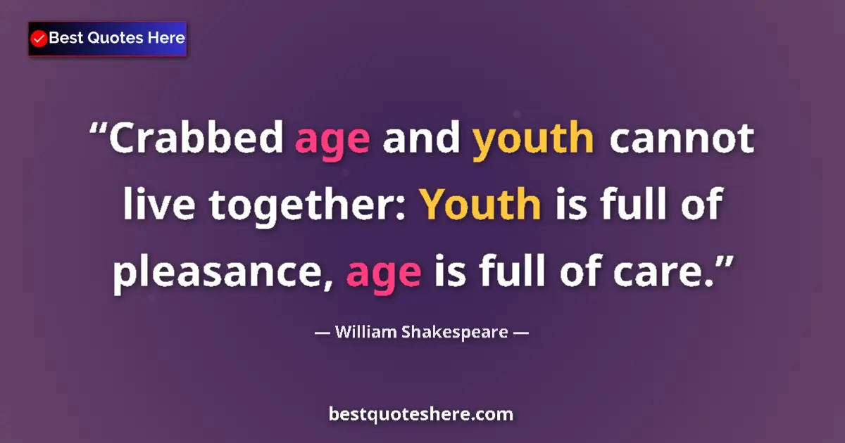 Quote by William Shakespeare: Crabbed age and youth cannot live together: Youth is full of pleasance, age is full of care....