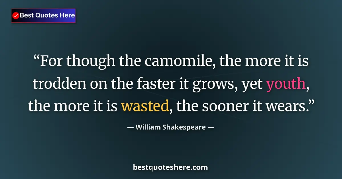 Quote by William Shakespeare: For though the camomile, the more it is trodden on the faster it grows, yet youth, the more it is wa...