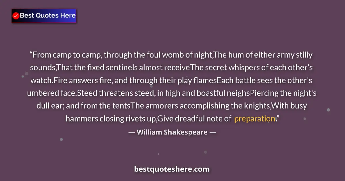 Quote by William Shakespeare: From camp to camp, through the foul womb of night,The hum of either army stilly sounds,That the fixe...