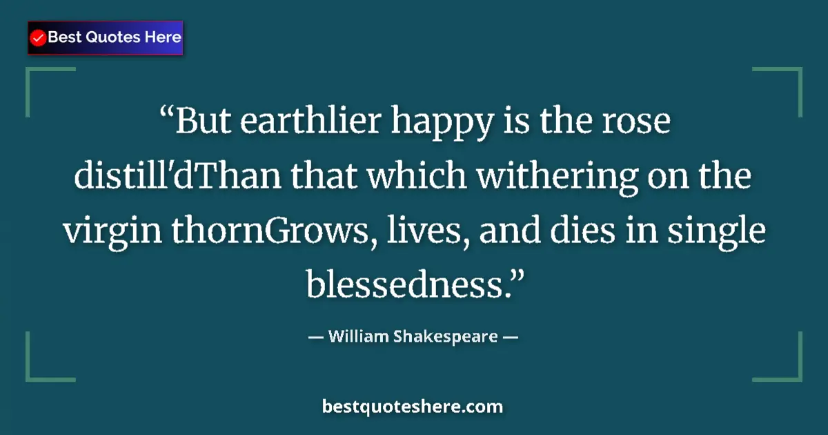 Quote by William Shakespeare: But earthlier happy is the rose distill'dThan that which withering on the virgin thornGrows, lives, ...