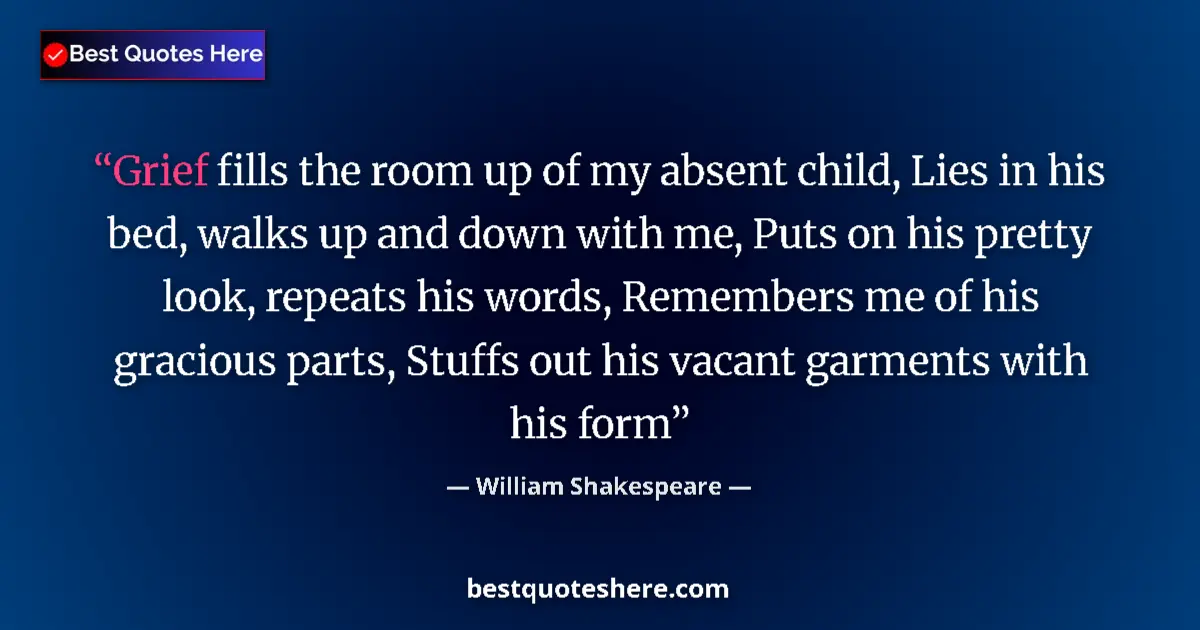 Quote by William Shakespeare: Grief fills the room up of my absent child, Lies in his bed, walks up and down with me, Puts on his ...