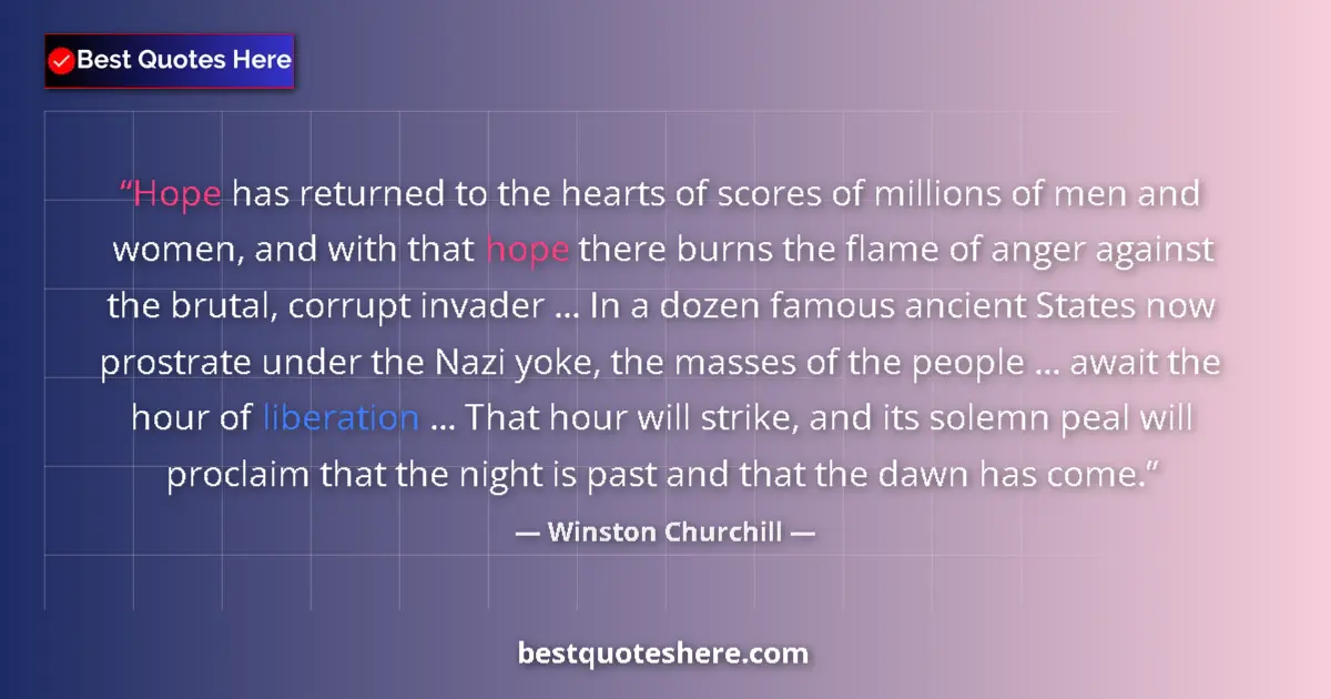 Quote by Winston Churchill: Hope has returned to the hearts of scores of millions of men and women, and with that hope there bur...