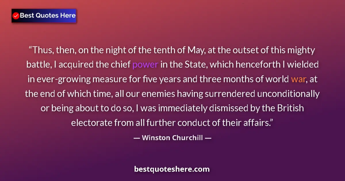 Quote by Winston Churchill: Thus, then, on the night of the tenth of May, at the outset of this mighty battle, I acquired the ch...