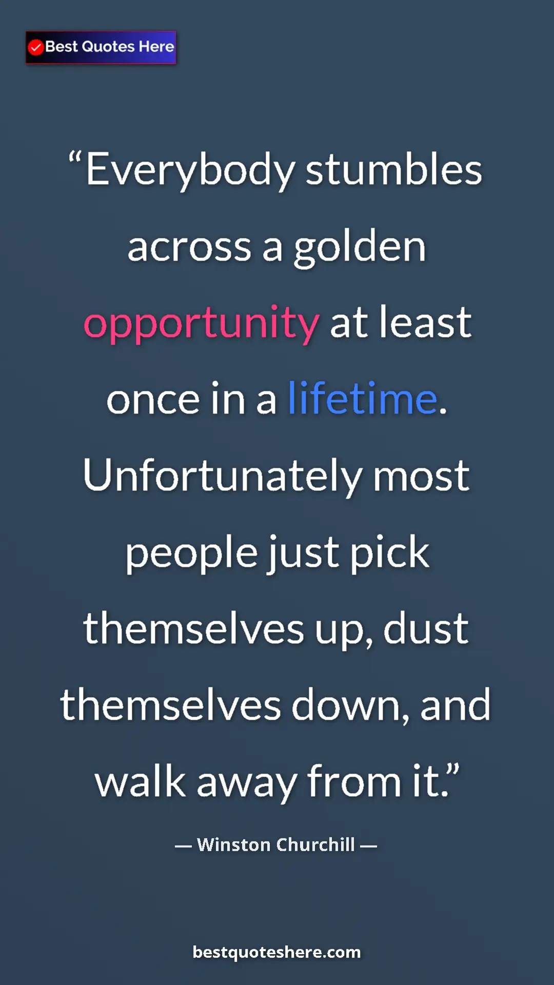Winston Churchill Quote Card: "Everybody stumbles across a golden opportunity at least..." Pinterest quote poster by Winston Churchill: "Everybody stumbles across a golden opportunity at least..."