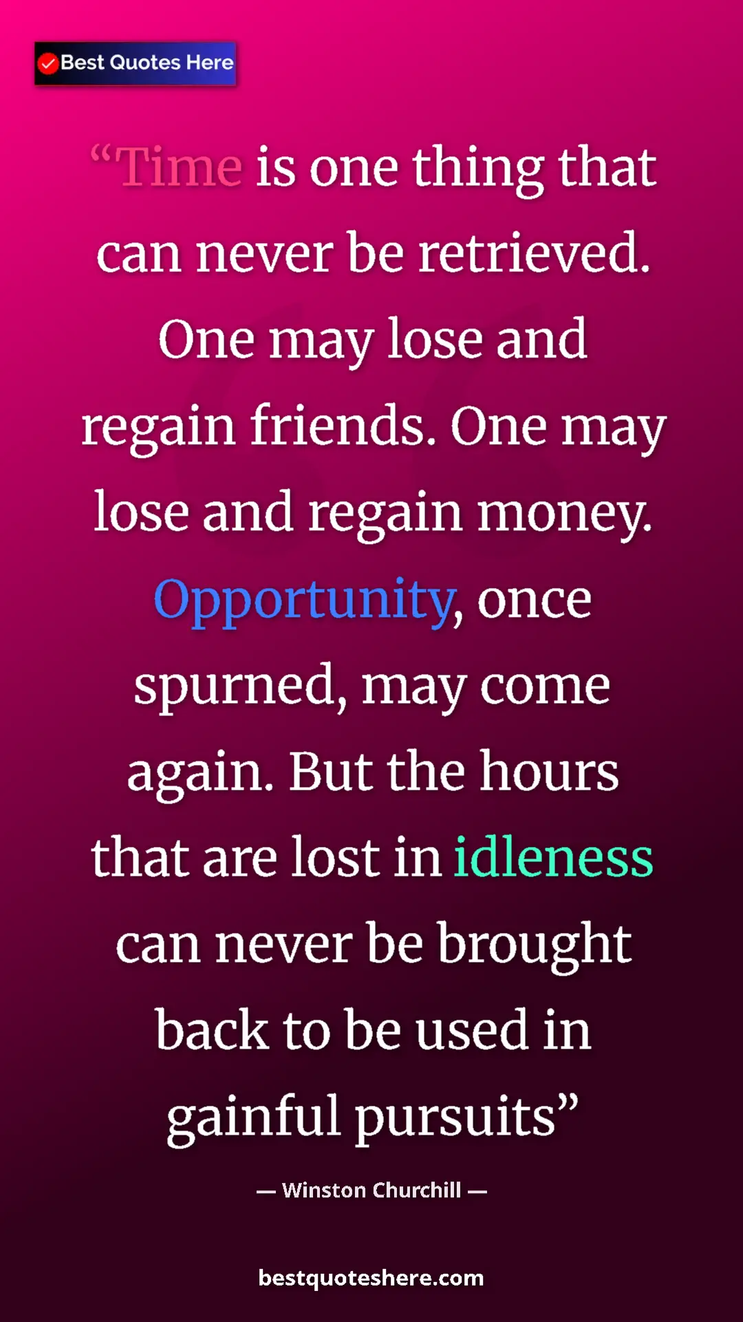 Pinterest quote poster by Winston Churchill: "Time is one thing that can never be retrieved. One may lose..."