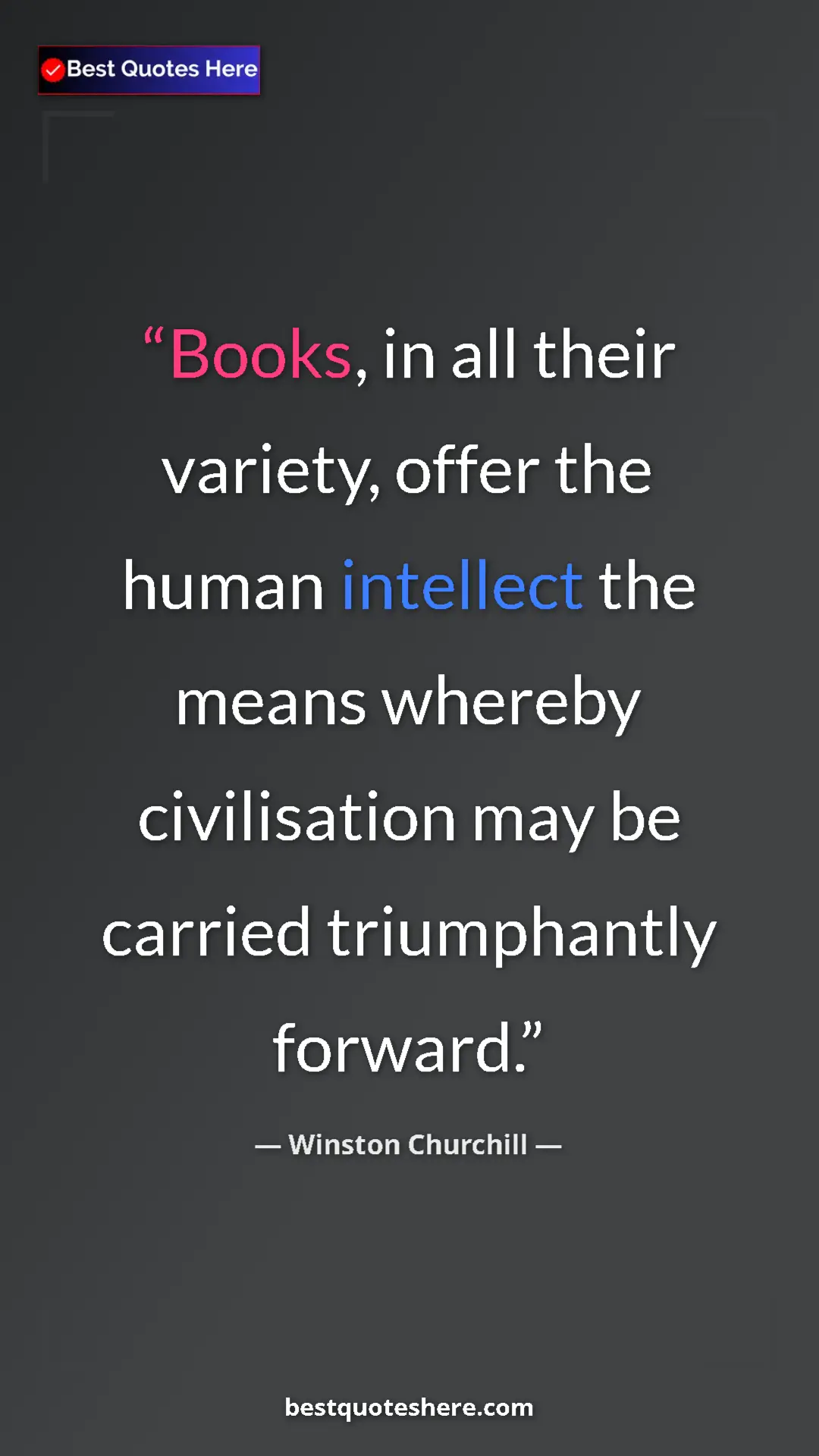 Winston Churchill Quote Card: "Books, in all their variety, offer the human intellect the m" Pinterest quote poster by Winston Churchill: "Books, in all their variety, offer the human intellect the m"