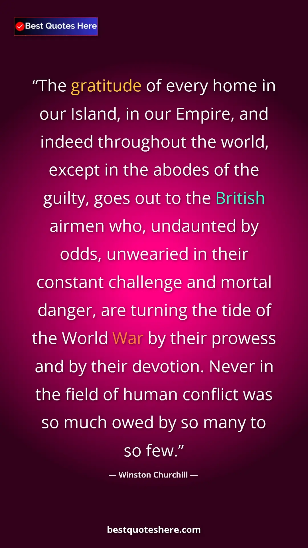 Winston Churchill Quote Card: "The gratitude of every home in our Island, in our Empire,..." Pinterest quote poster by Winston Churchill: "The gratitude of every home in our Island, in our Empire,..."
