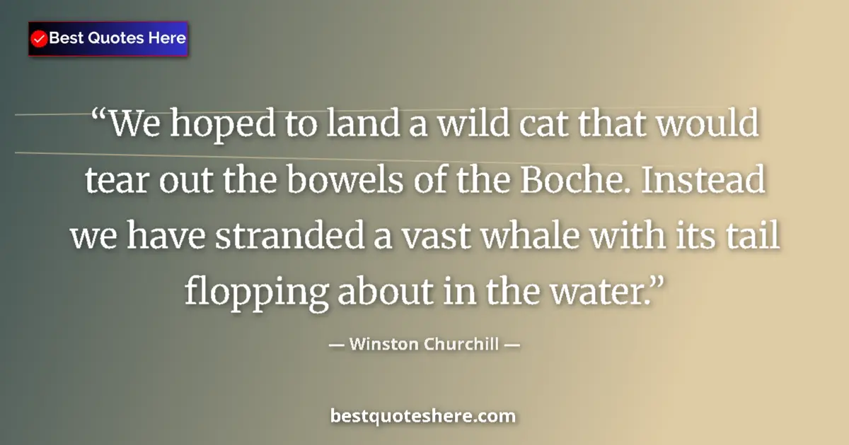 Quote by Winston Churchill: We hoped to land a wild cat that would tear out the bowels of the Boche. Instead we have stranded a ...