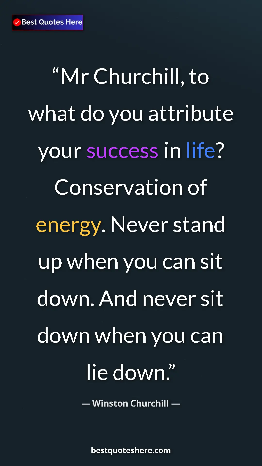Winston Churchill Quote Card: "Mr Churchill, to what do you attribute your success in..." Pinterest quote poster by Winston Churchill: "Mr Churchill, to what do you attribute your success in..."