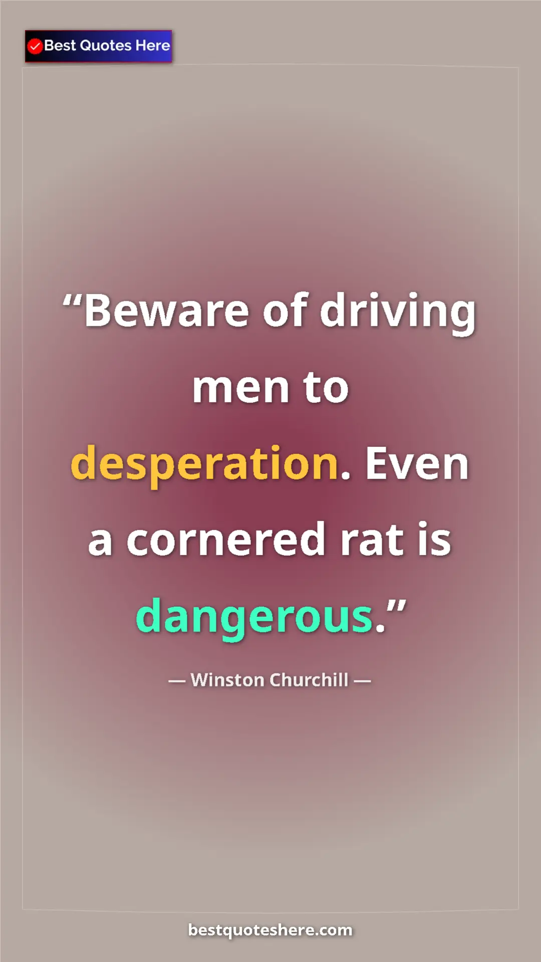 Winston Churchill Quote Card: "Beware of driving men to desperation. Even a cornered rat..." Pinterest quote poster by Winston Churchill: "Beware of driving men to desperation. Even a cornered rat..."