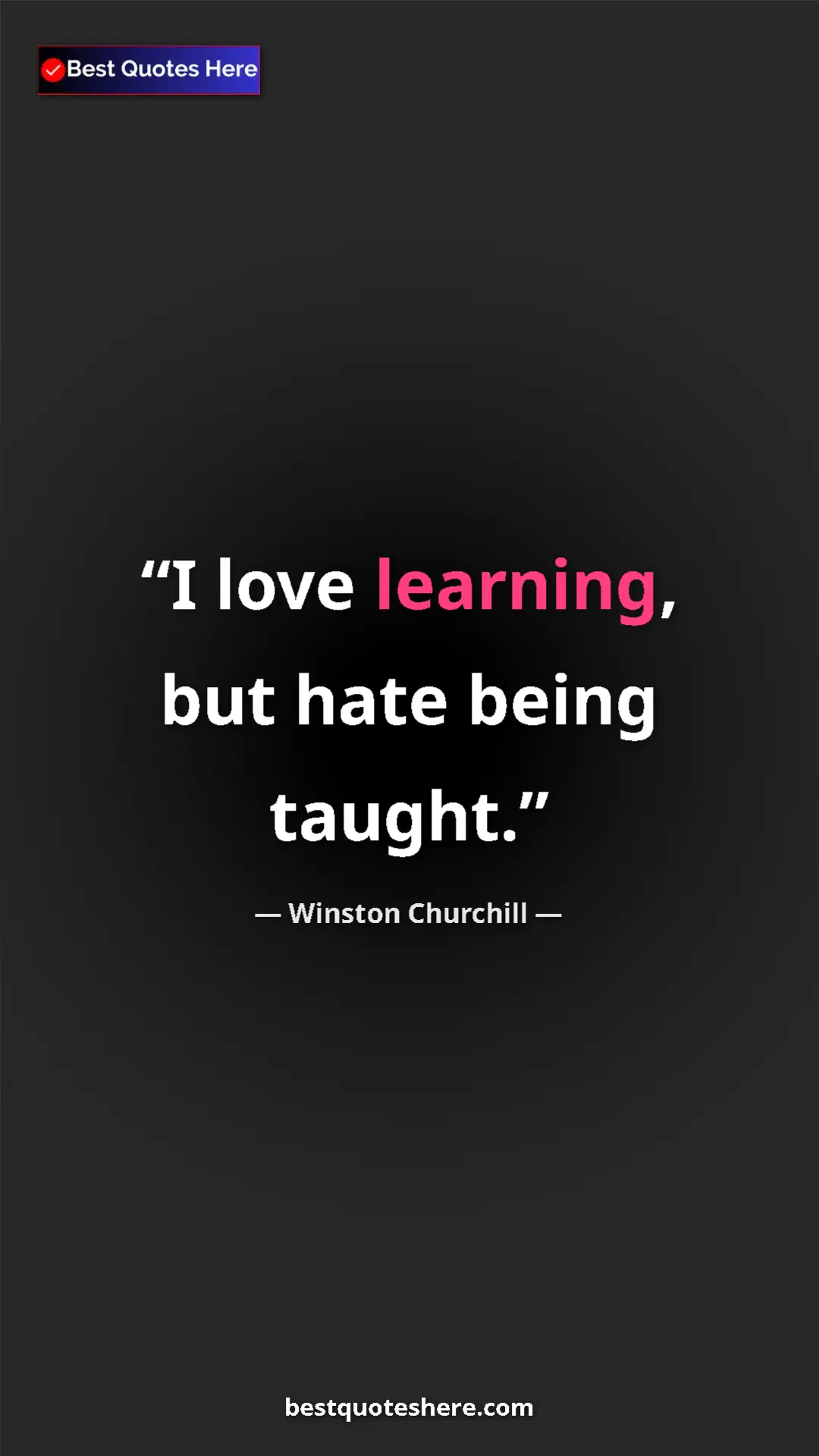 Pinterest quote poster by Winston Churchill: "I love learning, but hate being taught."