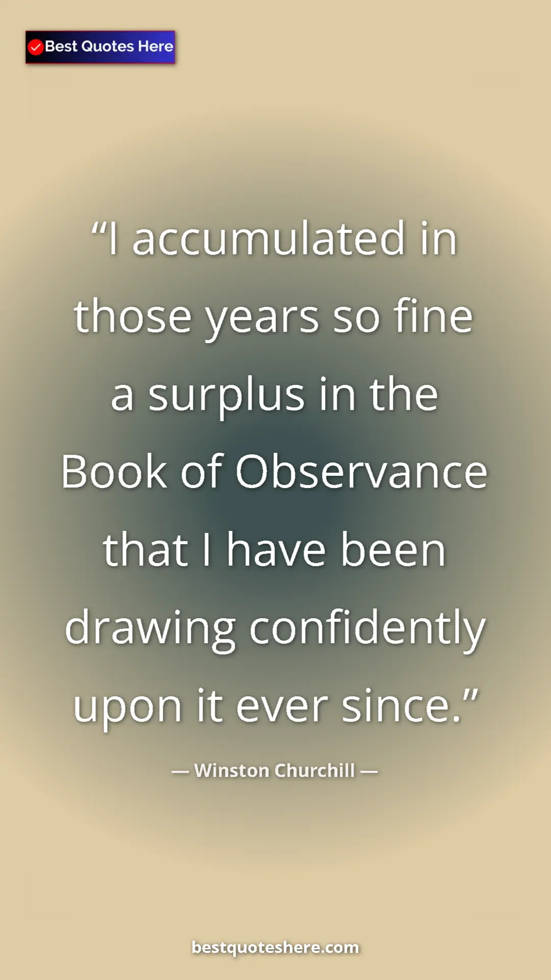 Winston Churchill Quote Card: "I accumulated in those years so fine a surplus in the Book..." Pinterest quote poster by Winston Churchill: "I accumulated in those years so fine a surplus in the Book..."