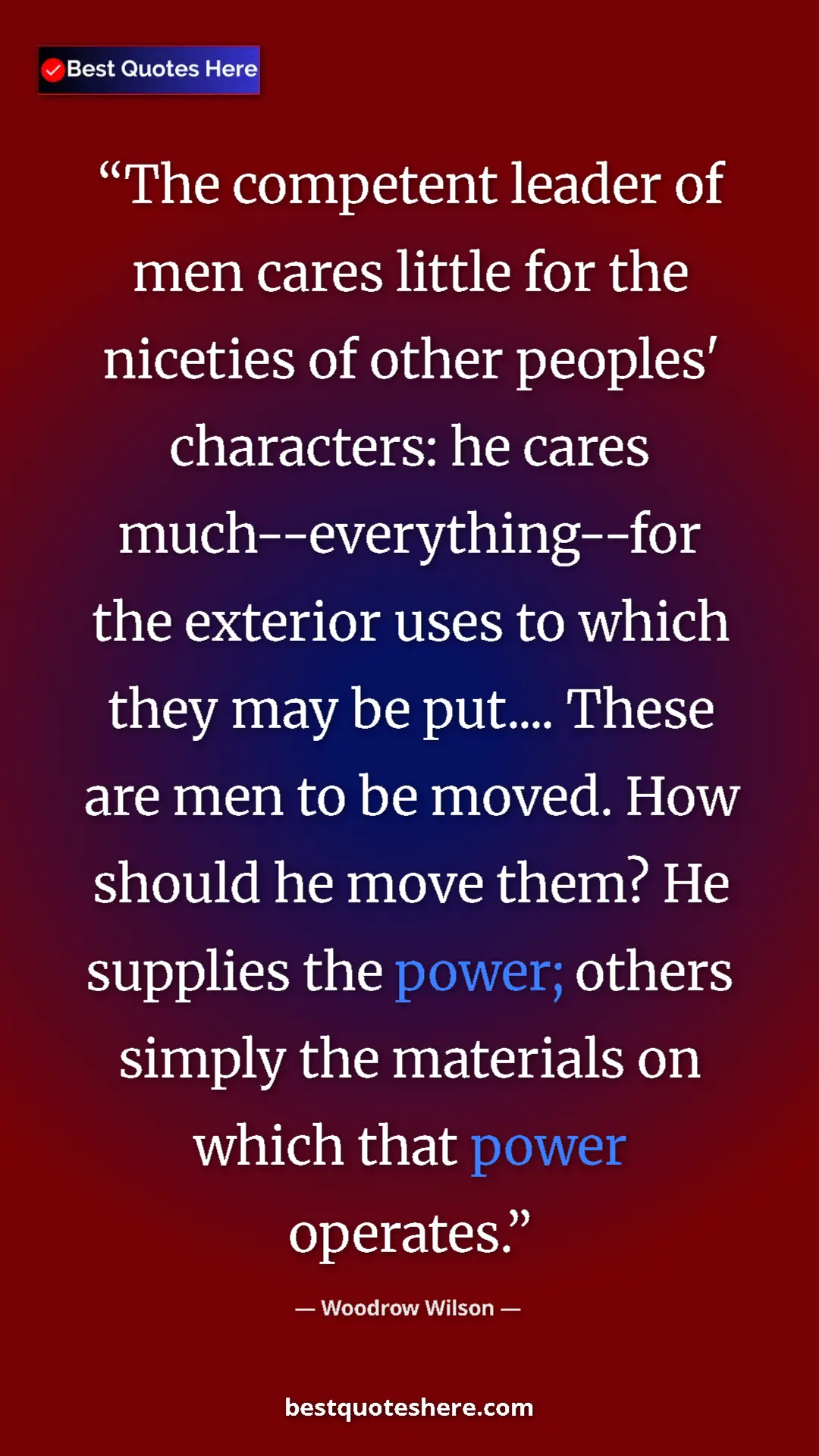 Pinterest quote poster by Woodrow Wilson: "The competent leader of men cares little for the niceties..."