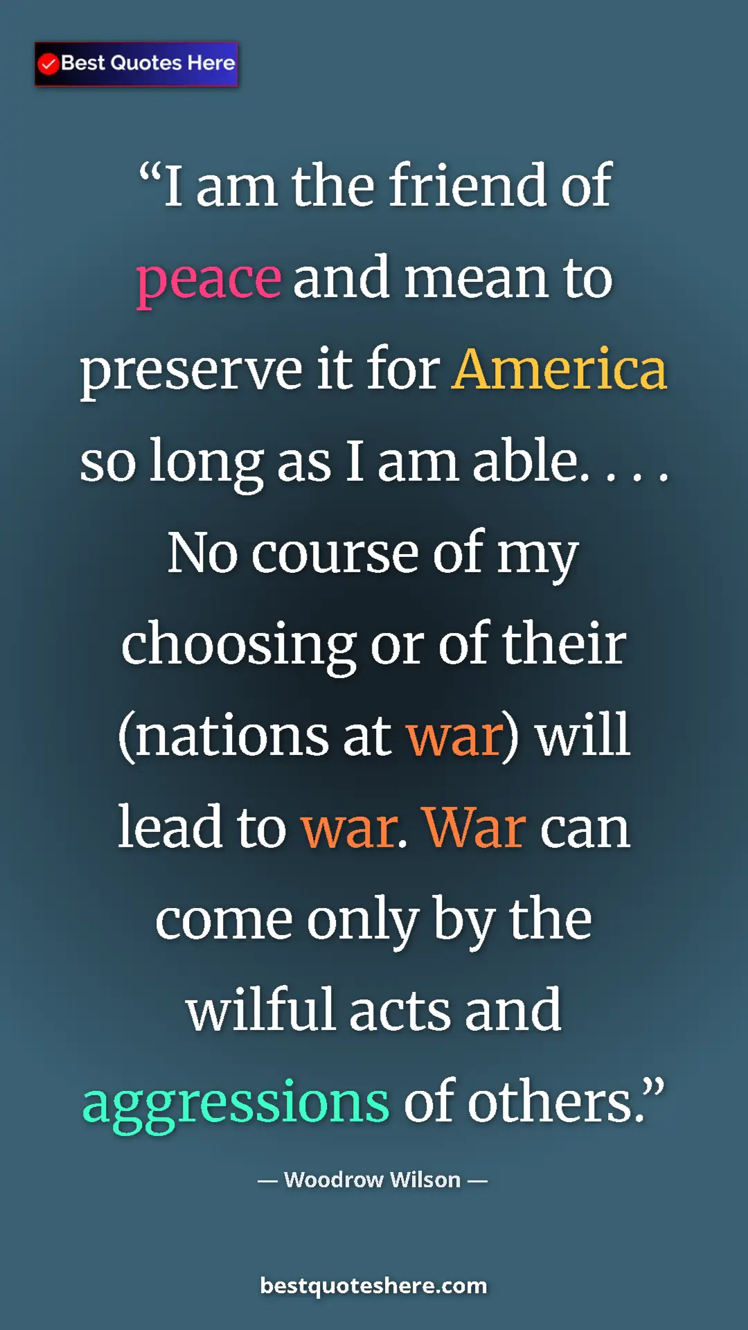 Pinterest quote poster by Woodrow Wilson: "I am the friend of peace and mean to preserve it for..."