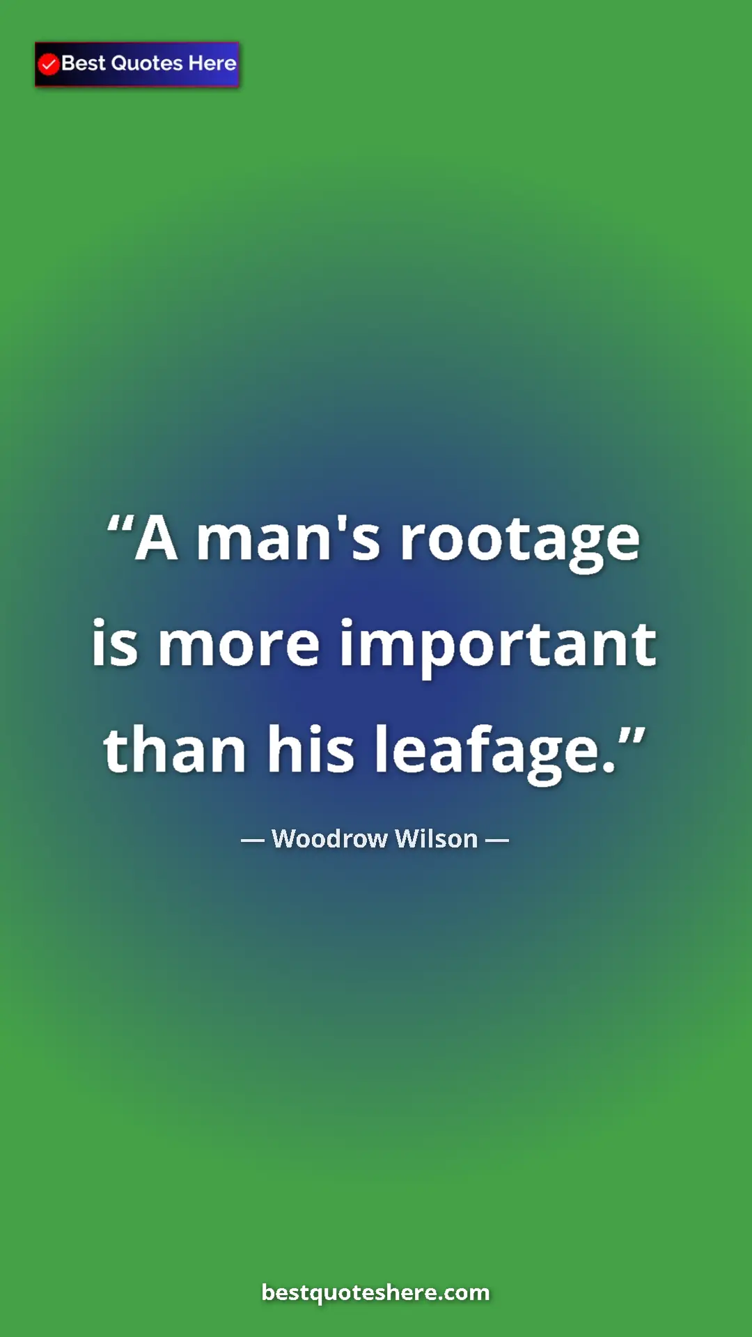 Woodrow Wilson Quote Card: "A man's rootage is more important than his leafage." Pinterest quote poster by Woodrow Wilson: "A man's rootage is more important than his leafage."