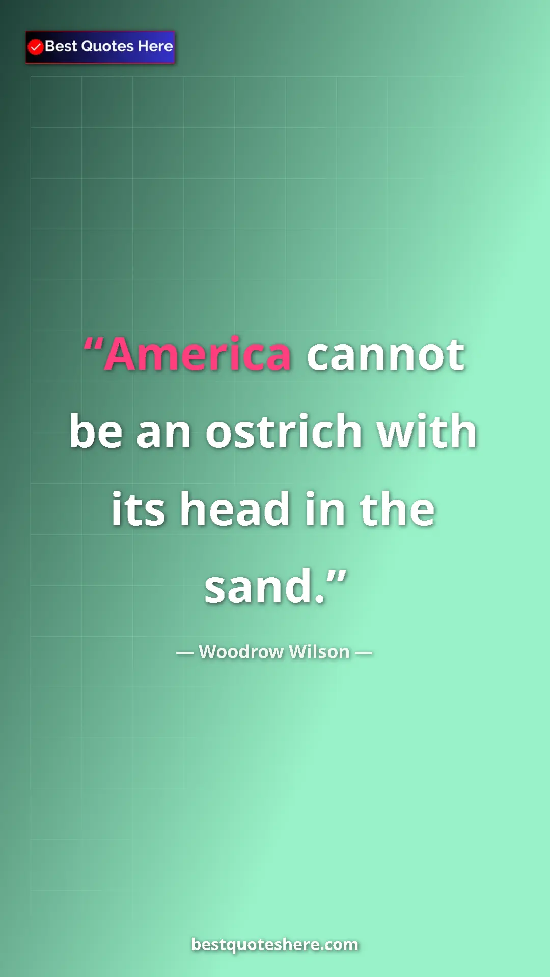 Woodrow Wilson Quote Card: "America cannot be an ostrich with its head in the sand." Pinterest quote poster by Woodrow Wilson: "America cannot be an ostrich with its head in the sand."