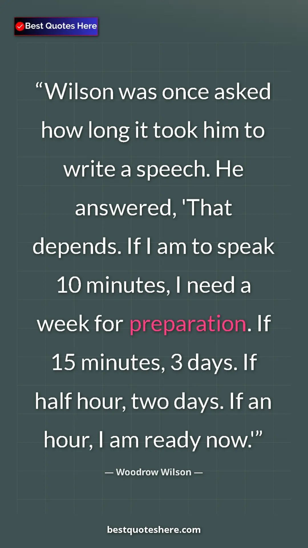 Pinterest quote poster by Woodrow Wilson: "Wilson was once asked how long it took him to write a..."