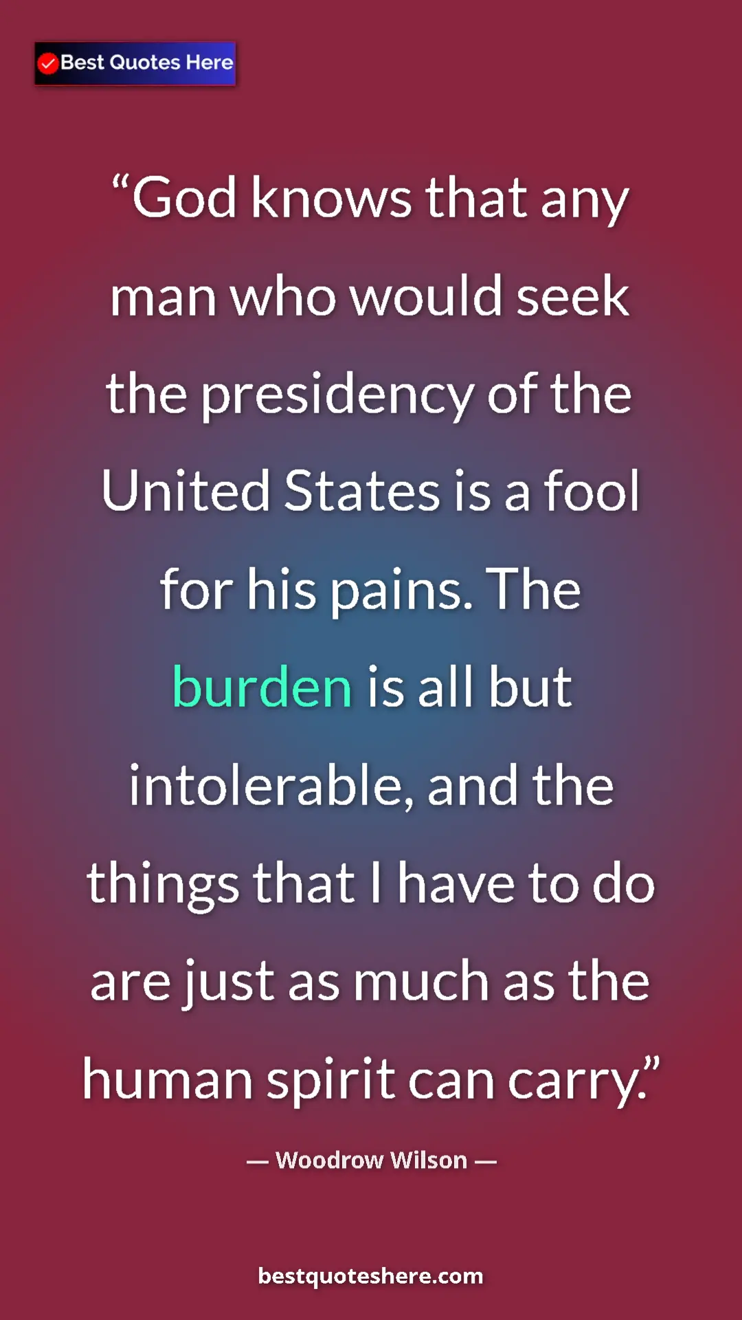 Pinterest quote poster by Woodrow Wilson: "God knows that any man who would seek the presidency of the..."