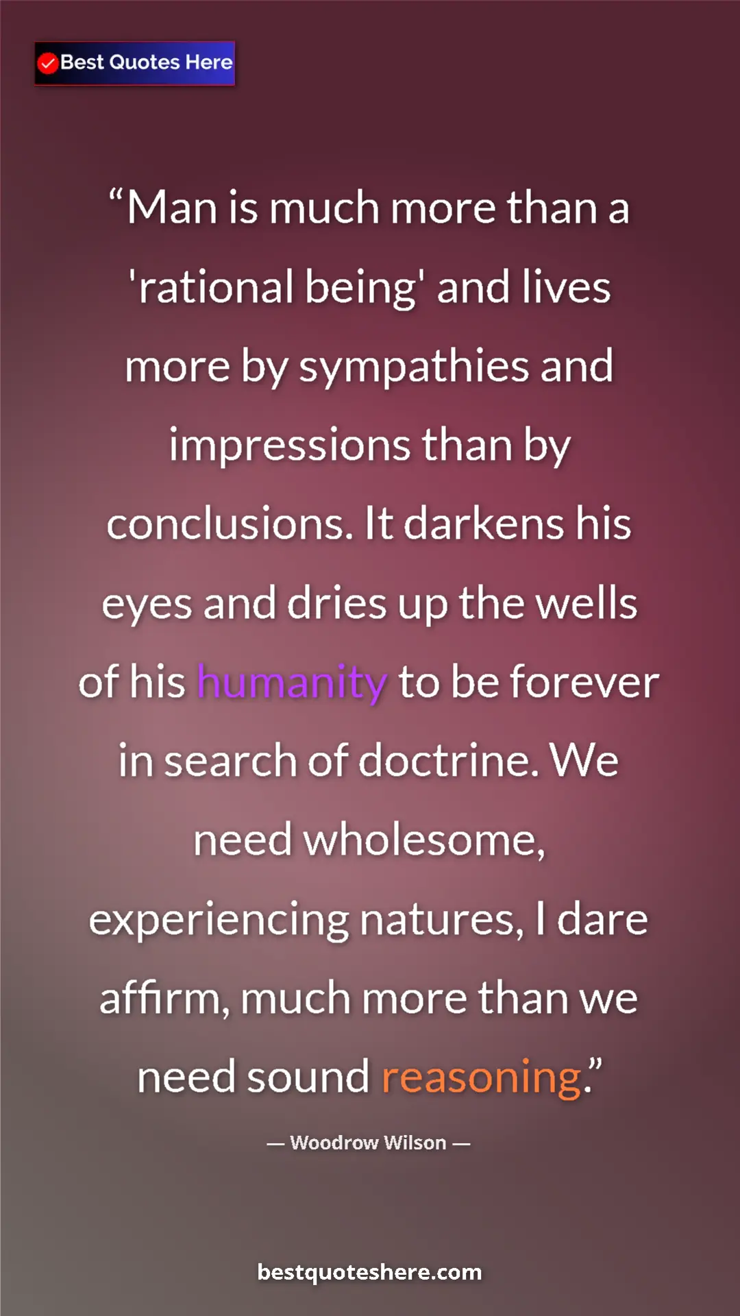 Pinterest quote poster by Woodrow Wilson: "Man is much more than a 'rational being' and lives more by..."