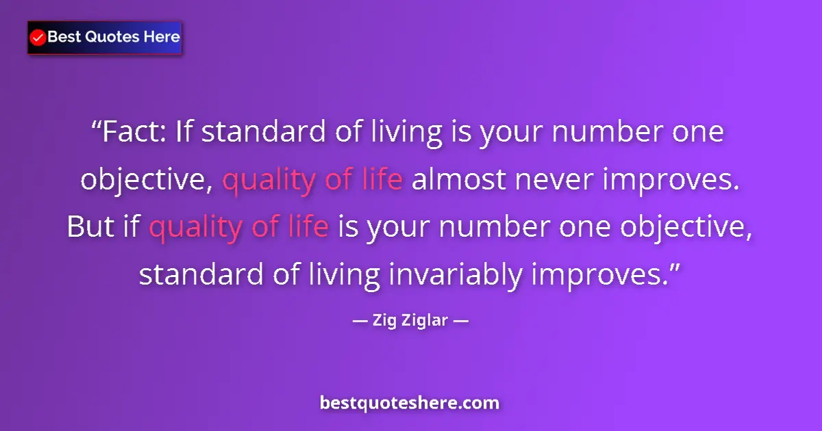 Quote by Zig Ziglar: Fact: If standard of living is your number one objective, quality of life almost never improves. But...
