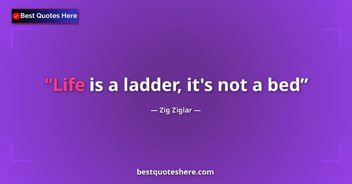 Quote by Zig Ziglar: Life is a ladder, it's not a bed...