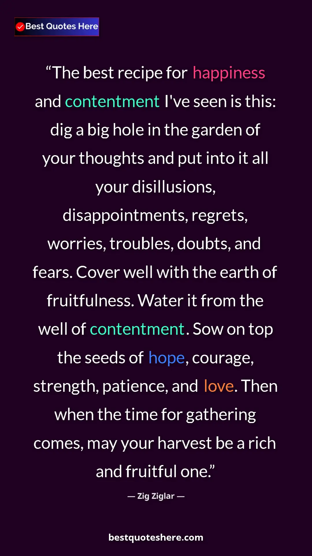 Pinterest quote poster by Zig Ziglar: "The best recipe for happiness and contentment I've seen is..."