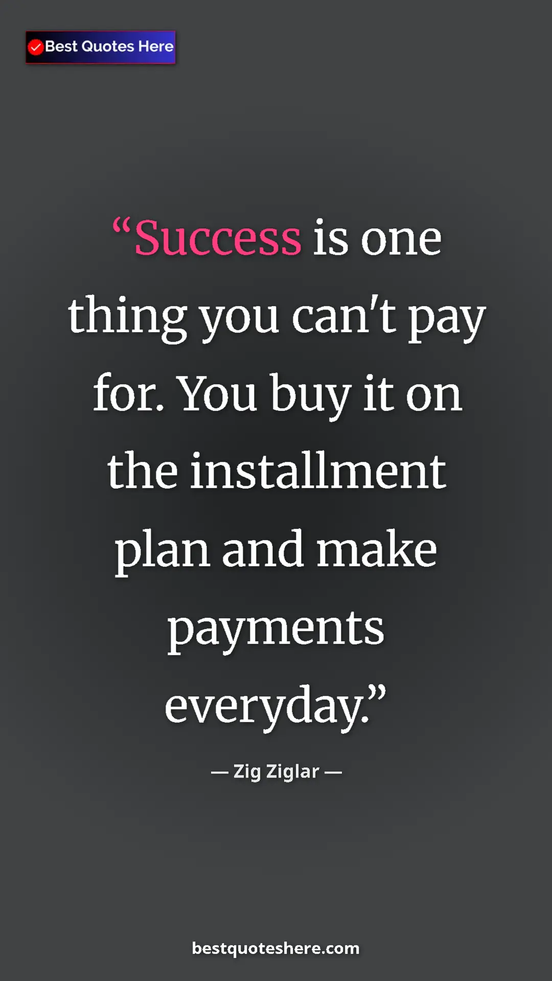 Pinterest quote poster by Zig Ziglar: "Success is one thing you can't pay for. You buy it on the..."