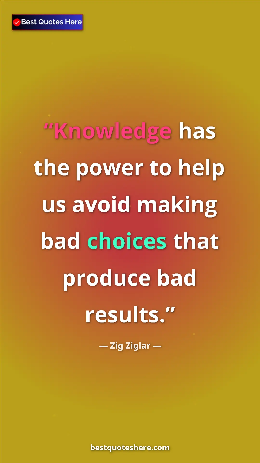 Pinterest quote poster by Zig Ziglar: "Knowledge has the power to help us avoid making bad choices..."